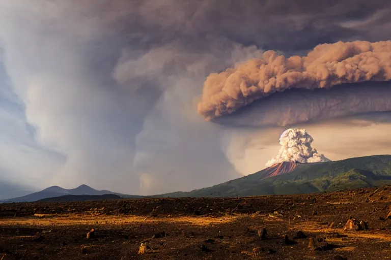 Prompt: peaceful sunny landscape with burning volcano in center and heavy thunderstorm above it by balaksas