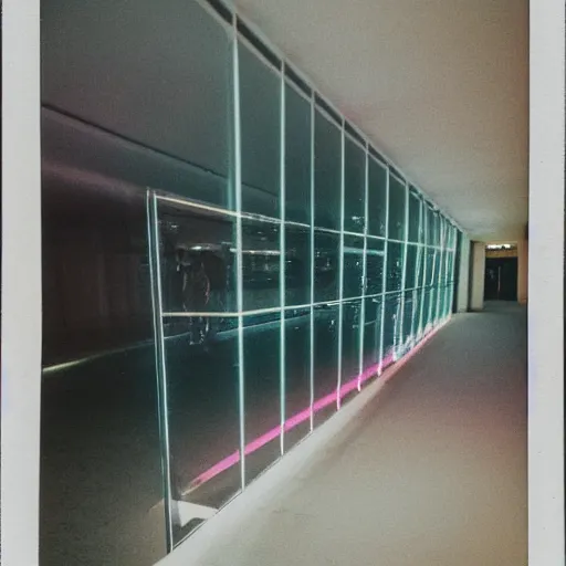 Image similar to a pastel colour Polaroid photo of a side profile free standing illuminated escalator connected to nothing with iridescent Perspex panels in a field, nostalgic