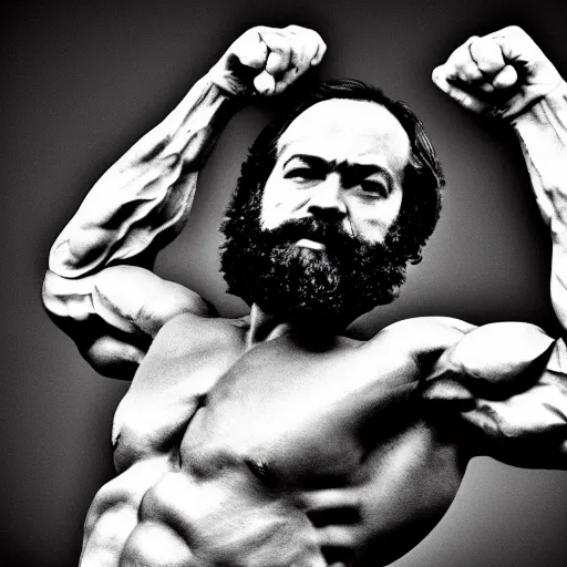 Image similar to a portrait photo of a buff! ripped! muscular! Karl Marx flexing his biceps, high quality, 8k, flickr