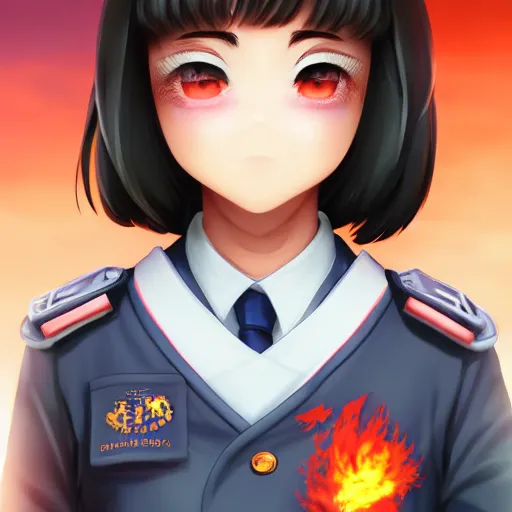 Prompt: Portrait of a Japanese schoolgirl with short hair in uniform causing flames in a moment of rage, ultra detailed, armor, artstation, 8k, photorealistic, digital anime art.