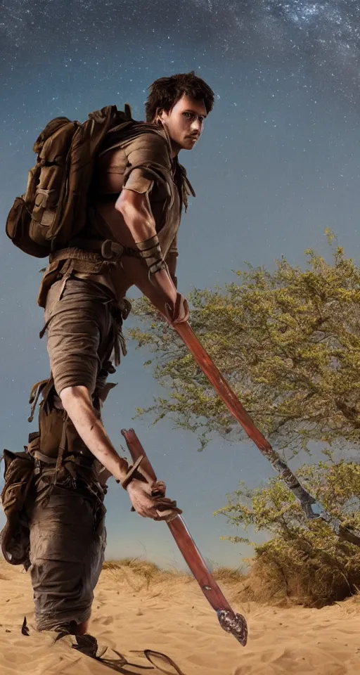 Prompt: movie still of a snake - human hybrid exploring a dune with treasure in his backpack and a sword in his hand, 4 k, detailed, landscape, realistic, polariod