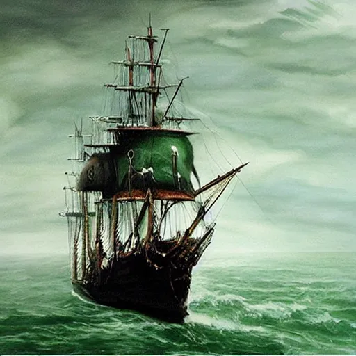 Image similar to pirate ship galleon dark green hull, pitch black sails, beautiful photorealistic painting