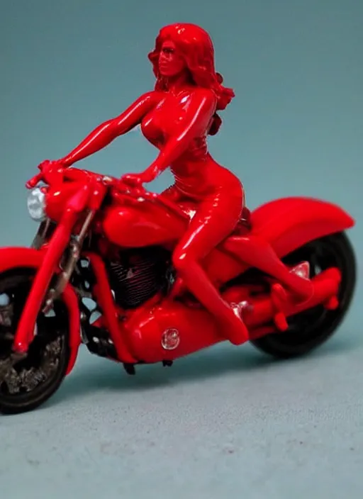 Prompt: Image on the store website, eBay, Wonderfully detailed 80mm Resin figure of a beautiful woman in red dress riding on a motorcycle.