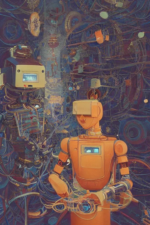 Prompt: a boy fixing his robot, ((((by Victo Ngai)))) and by Lohmuller Gyuri, high angle, oil on canvas