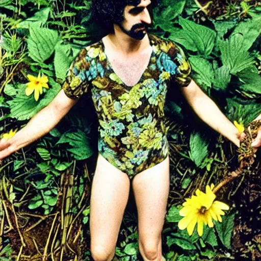 Image similar to young Frank Zappa as a forest druid wearing a floral leotard frolicking in the hooded forest of verdant turmeric roots, masculine, HSV