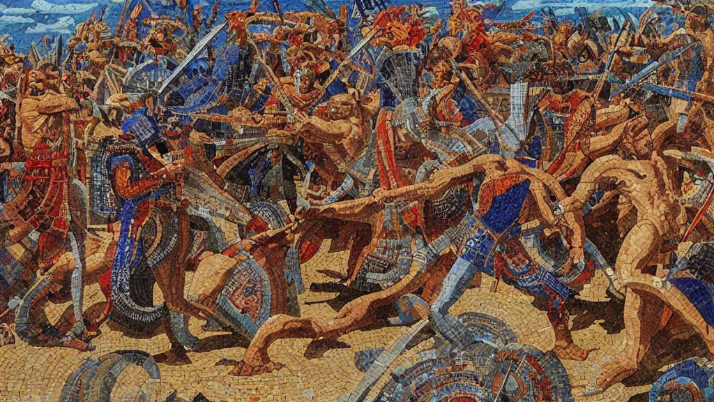 Image similar to A highly detailed mosaic of the Sumerians fending off the Old Ones by Jean Giraud