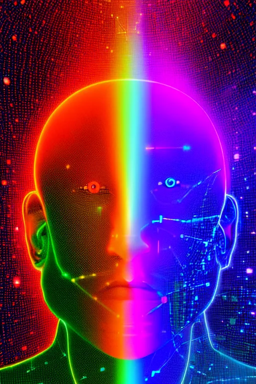 Image similar to portrait of the god of artificial intelligence as a hologram, in front of a rainbow of data, threads of light in the background, extremely high quality artwork, very detailed, obscured face, anthropomorphic silhouette, trending on artstation