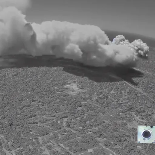 Prompt: combat drone strike war footage, ir, iridescent saturated infrared camera, very high contrast, nuclear cloud, high angle vertical