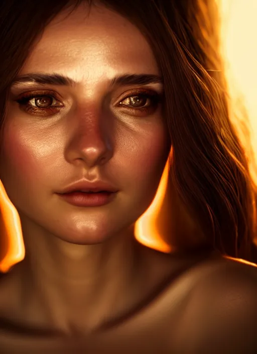 Prompt: a young beautiful woman staring into the camera with lights reflected in her eyes, 5 0 mm, hyperdetailed illustration, intricate linework, in the style of a national geographic portrait, unreal engine 5 highly rendered, global illumination, radiant light, detailed and intricate environment