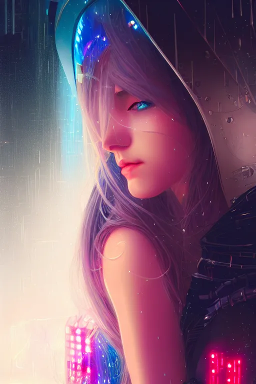 Prompt: portrait futuristic wizard Girl with thunder and fire sparkles and starlight, n future cyberpunk tokyo heavy rainning rooftop , ssci-fi, fantasy, intricate, very very beautiful, elegant, human structure, neon light, highly detailed, digital painting, artstation, concept art, smooth, sharp focus, illustration, art by tian zi and WLOP and alphonse mucha