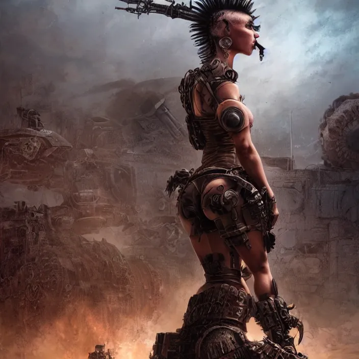 Image similar to beautiful apocalyptic woman with mohawk, standing on mad max panzer tank, hyper-detailed, smooth, sharp focus, 4k ultra hd, fantasy dark art, tank girl, artgerm, artstation, octane render, elegant, detailed digital painting, apocalyptic art, Francis bacon, gears of war, unreal engine