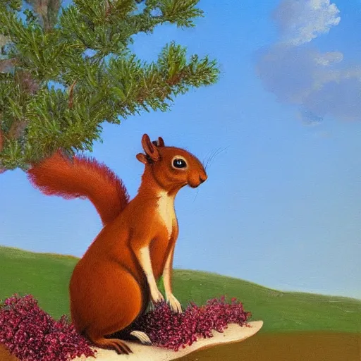 Image similar to napoleon riding a squirrel on the beach with crepe myrtles in the background, oil painting