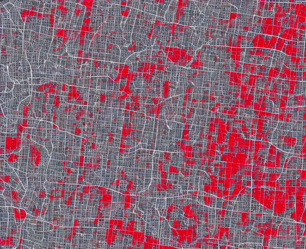 Prompt: multitude of red periods on a Vector AntiqueWhite on DarkGrey Streets Satellite Map, vector graphics, 8k