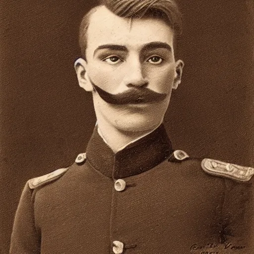 Prompt: late 1 9 th century, austro - hungarian!!! soldier ( handsome, 2 7 years old, redhead michał zebrowski with small mustache ). old, sepia tones, detailed, hyperrealistic, 1 9 th century portait by emil rabending