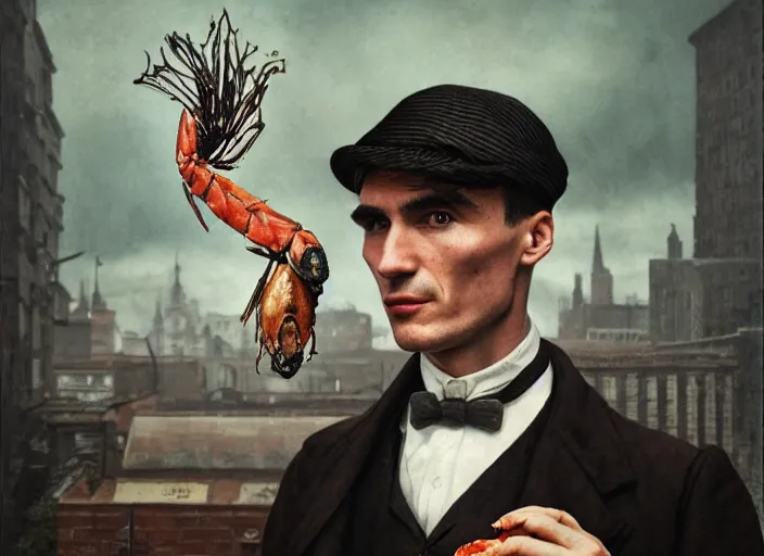 Image similar to thomas shelby with a shrimp on the head, lowbrow, matte painting, 3 - d highly detailed, in the style of mark ryden,