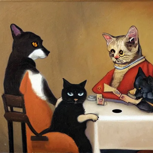 Prompt: An oil painting of a dog and cat dressed as people, sitting at a table playing cards