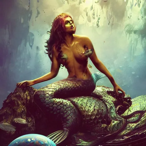 Image similar to a sad mermaid smothered in motor oil medical waste and thrash, ultra realistic, concept art, intricate details, highly detailed, photorealistic, octane render, 8 k, unreal engine, art by frank frazetta, simon bisley, brom