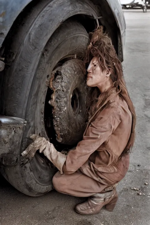 Prompt: A bodouir photo of a beautiful woman with brown hair changing a tire, by Annie Lebovitz and Steve McCurry, grungy, weathered Ultra detailed, hyper realistic, 4k