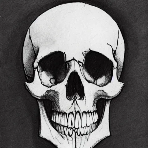 Prompt: pencil sketch of a skull on old torn paper, dramatic lighting, ultra detail, creepy, book cover