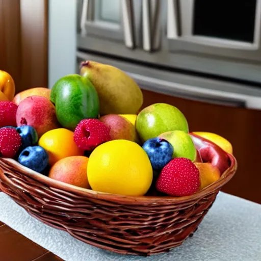 Prompt: a fruit basket on top of a kitchen table, 4800K