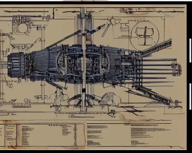 Image similar to a full page of a mechanical blueprint showing a simple cutaway design for a wooden wolf from howl's moving castle ( 2 0 0 4 ), with a pilot inside, muted colors, post grunge, studio ghibli, hq