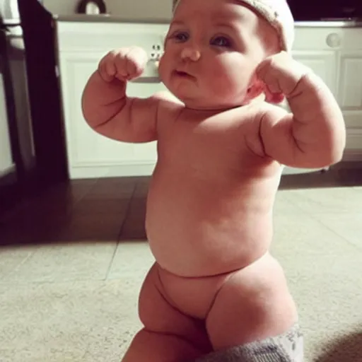 Prompt: photo in instagram of baby with muscle like a giga chad