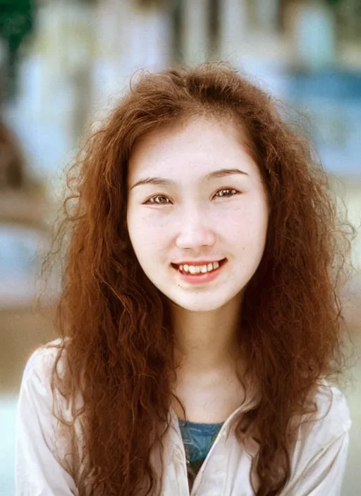 Prompt: hyper - realistic kodachrome medium shot portrait of a beautiful and attractive 2 4 year - old female, of uzbeki descent with pale skin. she has a wavy hair. torn eyes. in the style of steve mccurry. looking at the camera. smiling.