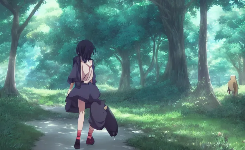 Prompt: An anime girl walking through a forest, surrounded by animals, anime scene by Makoto Shinkai, digital art