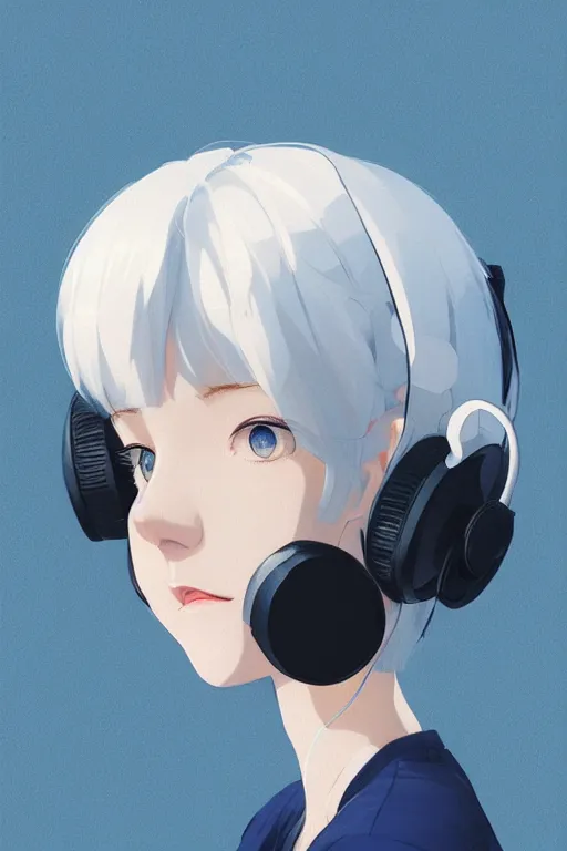 Image similar to a cute young woman listening to music with her eyes closed and wearing headphones by Ilya Kuvshinov and Range Murata, white bob cut hair, blue filter, blue and white, soft lighting, atmospheric, cinematic atmosphere, moody, relaxing, Krenz Cushart, digital painting, 8k