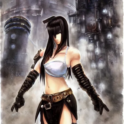 Prompt: painted conceptual art of tifa lockhart from from final fantasy 7 in her signature outfit with the steam punk city midgard as backdrop, by master artist yoshitaka amano