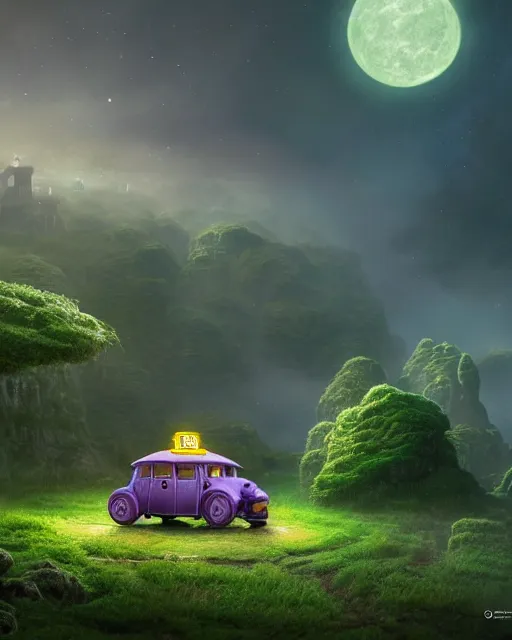 Image similar to tardigrade taxi car in a fantasy tatdigrade village, calming, uplifting mood, ultra realistic, farm, small buildings, highly detailed, atmosphere, violet planet in the sky, masterpiece, epic lighting, elves, green plants, magic, illuminated, 4 k, cinematic, morning sun, art by eddie mendoza