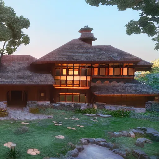 Image similar to Peaceful wooden mansion, unreal engine 5 tech demo, zillow interior, golden hour, living room, cozy, Frank Lloyd Wright ((Studio Ghibli))