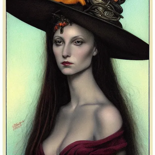 Prompt: portrait of a ceremonial hat embedded into a woman's skull, by gerald brom