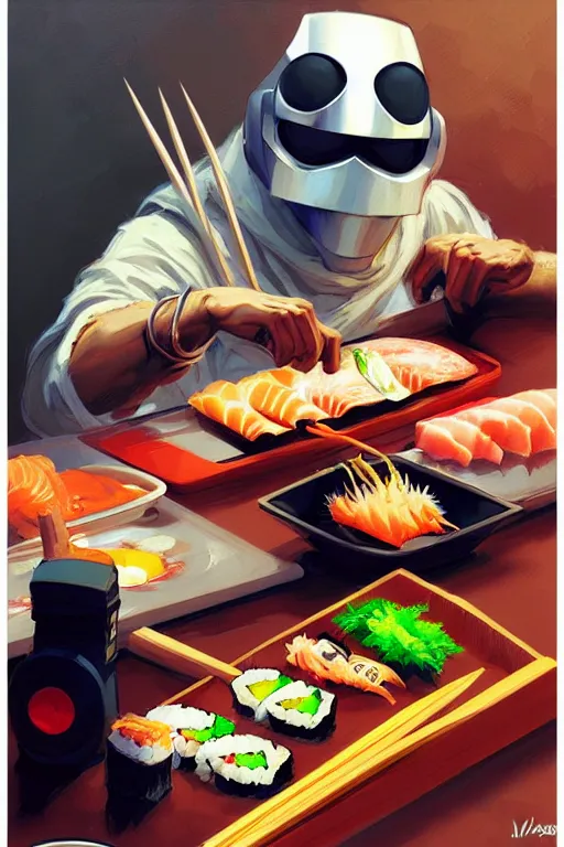 Prompt: mf doom making sushi, animation pixar style, mf doom rapper, lighting poster by magali villeneuve, artgerm, jeremy lipkin and michael garmash, rob rey and kentaro miura style, trending on art station