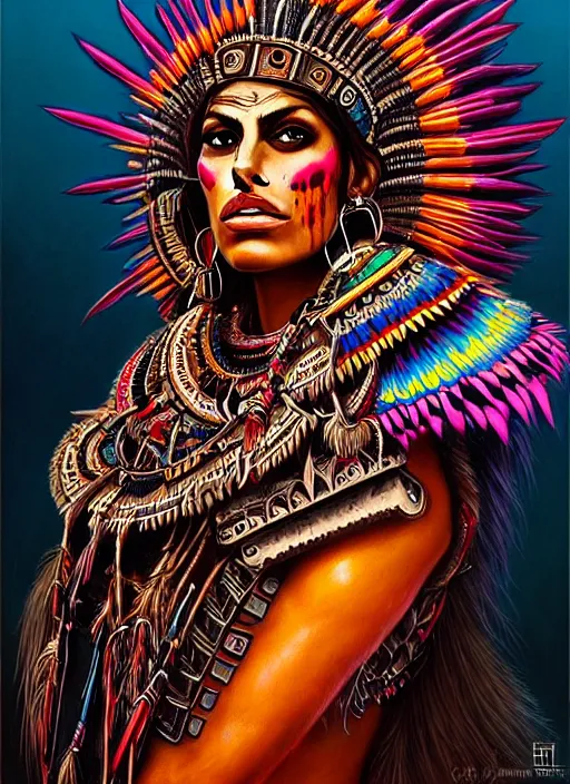 Image similar to portrait of eva mendes, hyper detailed ultra sharp aztec shaman warrior. trending on artstation, warpaint aesthetic, bloodwave, colorful, psychedelic, ornate, intricate, digital painting, concept art, smooth, sharp focus, illustration, art by artgerm and greg rutkowski and h. r. giger, 8 k