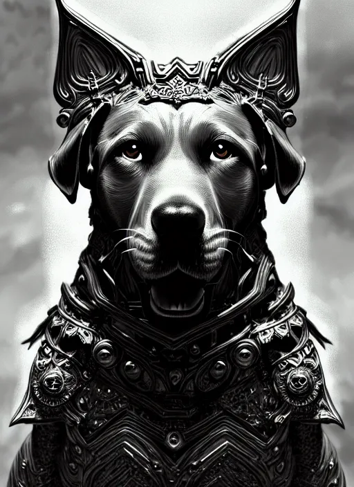 Prompt: dog as a god with flow hair and green eyes, very detailed face, black and white, detailed features, fantasy, circuitry, explosion, dramatic, intricate, elegant, highly detailed, digital painting, artstation, concept art, smooth, sharp focus, illustration, art by gustave dore, octane render