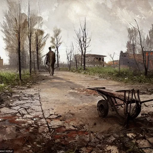 Image similar to painting by jakub rozalski of a person walking with a wheelbarrow in an abandoned post soviet town infested with root monsters