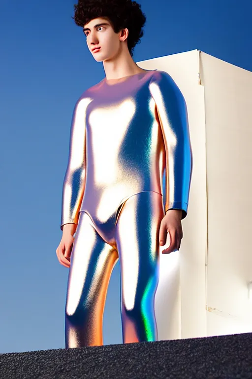 Image similar to un ultra high definition studio quality photographic art portrait of a young man standing on the rooftop of a british apartment building wearing soft baggy inflatable padded silver iridescent pearlescent clothing. three point light. extremely detailed. golden ratio, ray tracing, volumetric light, shallow depth of field. set dressed.