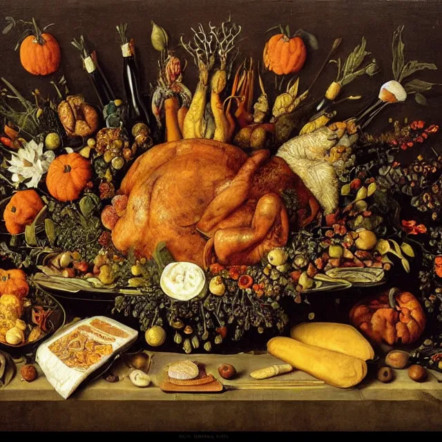 Image similar to victorian thanksgiving supper, black background, still life by giuseppe arcimboldo, vanitas, intricate high detail masterpiece