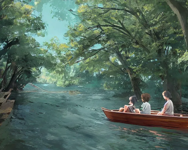 Image similar to a wooden boat in a very narrow river, trees, shady, ripples, reflections. A boy and girl are sitting in the boat. By Makoto Shinkai, Stanley Artgerm Lau, WLOP, Rossdraws, James Jean, Andrei Riabovitchev, Marc Simonetti, krenz cushart, Sakimichan, trending on ArtStation, digital art.