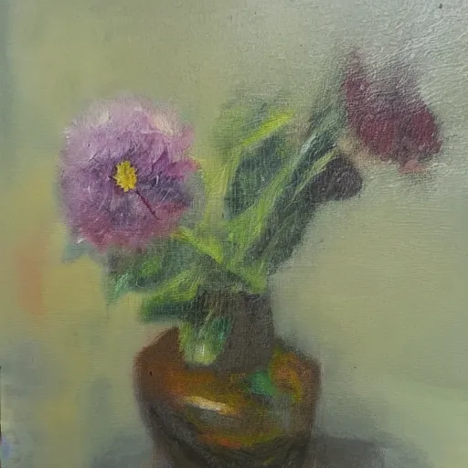 Prompt: oil painting of a neglected flower, tilt shift, high contrast, multi chromatic, single area of attention, still life, soft outlines, elegant and refined painting, fully rendered light to shadow