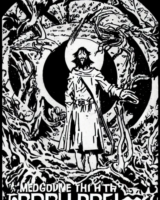 Prompt: a druid standing in a circle at the beginning of the world by mike mignola