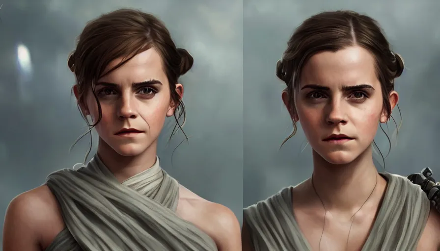 Prompt: Emma Watson is Rey Skywalker, hyperdetailed, artstation, cgsociety, 8k