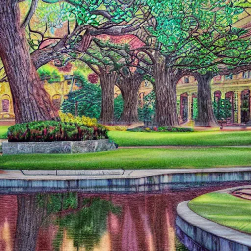 Prompt: Intricate five star Beautiful Park by Monica Lee, Colored pencil on paper, high detail, skin texture, photo realistic, hyperrealism,matte finish, high contrast, 3d depth, masterpiece, vivid colors, artstationhd