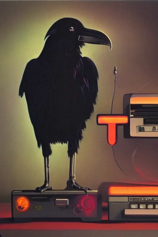 Prompt: a raven observing 8 0 s era technology, vintage shapes, retro technology, glowing color, wayne barlow, oil on canvas, deep depth of field, masterpiece, cinematic composition, hyperdetailed