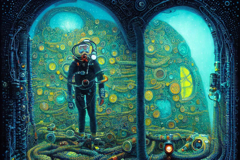 Prompt: detailed portrait of a cyberpunk scuba diver inside a dmt portal by james r eads and tomasz alen kopera gediminas pranckevicius