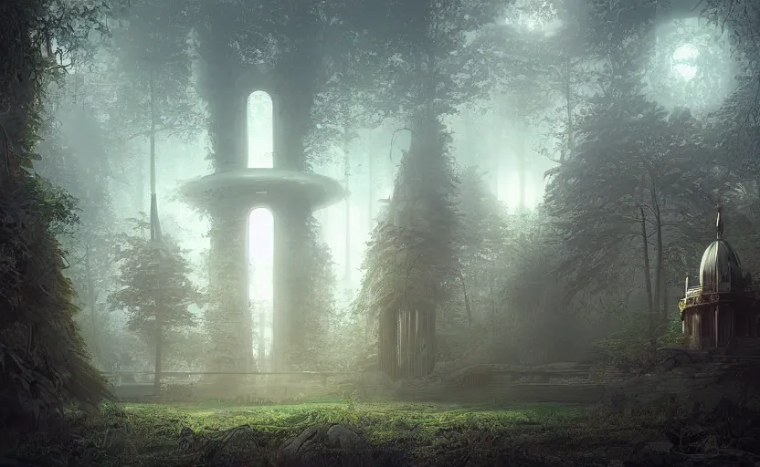 Prompt: a neoclassical tower with dome on a magical gloomy mystical forest. by frank lloyd wright, wlop, futuristic
