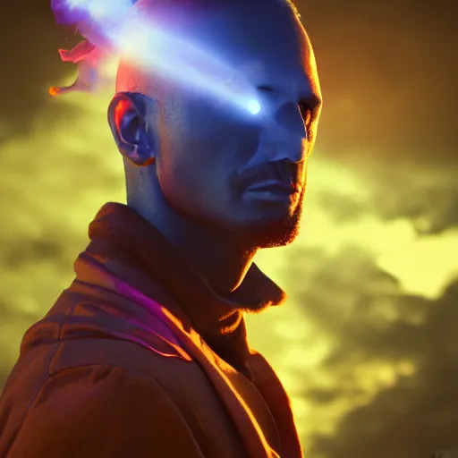 Image similar to portrait of man, his head is in smoke vaporizing, colorful vivid sky in background, made andrew chiampo, artstation, frederik heyman, extremely detailed, stunning volumetric lighting, fantasy, hyperrealism, 3 d render, octane render, unreal engine, fantasy, intricate detail, 4 k, futuristic, sharp focus, smooth