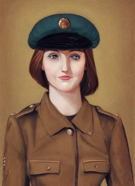 Prompt: portrait bust of young woman with light brown hair and hazel eyes dressed in a sharp dark teal military uniform with beret, saluting, smiling at camera, ilya kuvshinov