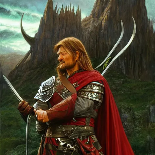 Prompt: noble warrior Boromir with his horn of Gondor by Mark Brooks, Donato Giancola, Victor Nizovtsev, Scarlett Hooft, Graafland, Chris Moore